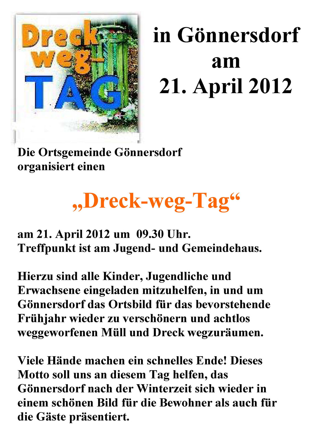 Dreckwegtag in Gönnersdorf 21.04.2012 Plakat